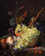 of grapes and a peach on a table top Jan van Huijsum